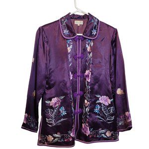 Vintage Lin Lu Kimono Top Purple Embroidered Flowers Butterflies Size Large